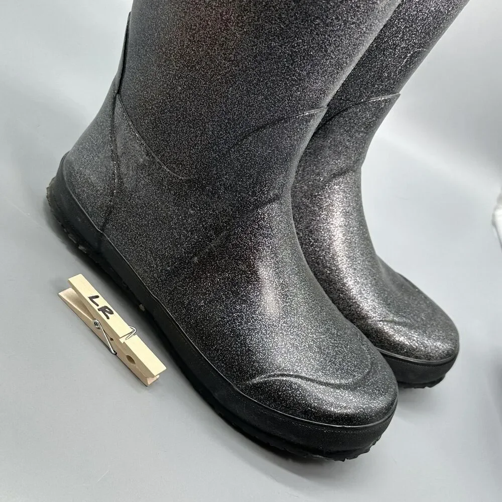Bogs Rainboot Glitter Youth Girls 6 Gray Black Sparkle Tall Pull On Waterproof